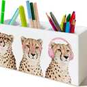 Trendy Funny Leopard Pen Pencil Holder Organizer for Desk, Cheetah Room Decor, Preppy Girly Y2k Aesthetic Cheetah Wooden Box Block Sign for Home Office Tabletop Decor