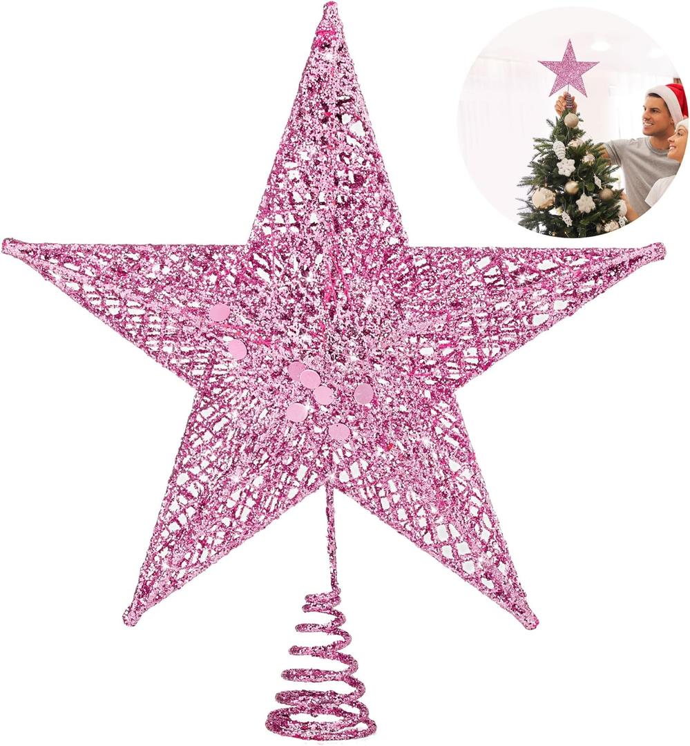 Fovths Christmas Tree Topper 8 Inches Metal Glittered Christmas Tree Topper Wire Star Treetop Sparkle Xmas Decoration for Christmas Tree Ornament Indoor New Year Holiday Party Supplies (Pink)