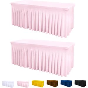 ManMengJi Table Cover and Table Skirt One-Piece for Folding Tables, 6FT Spandex Fitted Tablecloth with Ruffles Skirt for Weddings, Banquets, Parties, Vendors (Pink 2Pack)