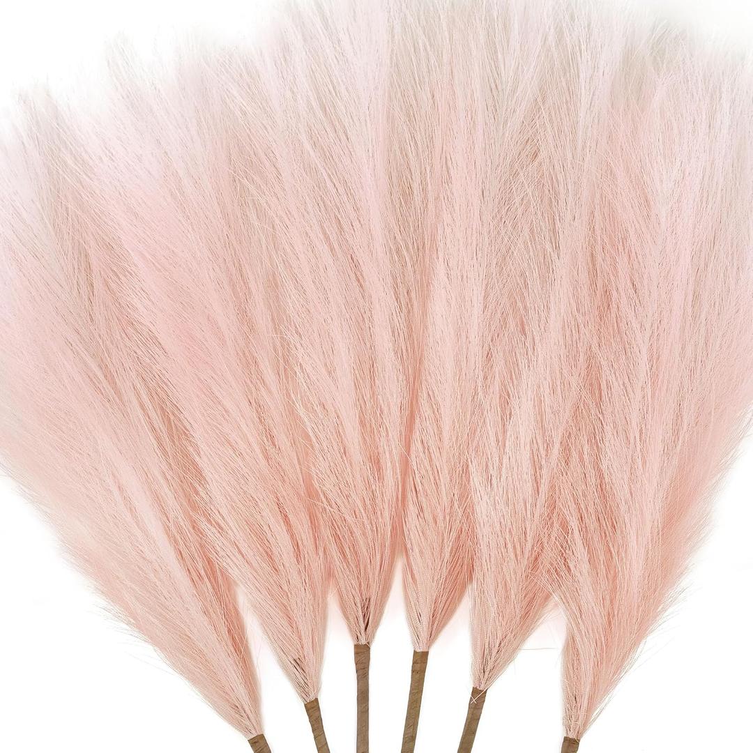 6 PCS Faux Pampas Grass Arrangement - 18"/45cm Artificial Fluffy Pompous Grass Stems for Boho Chic Home and Wedding Decor (Light Pink)
