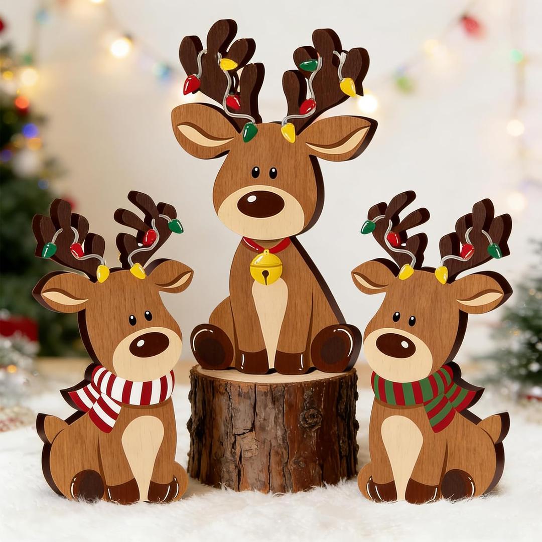 3 Pcs Christmas Wooden Signs Xmas Reindeer Wood Tabletop Signs Elk Desktop Centerpieces for Farmhouse Home Tiered Tray Shelf Cabinet Table Decor