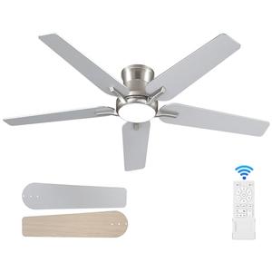 POCHFAN 52 Inch Ceiling Fans with Lights and Remote, Brushed Nickel Flush Mount Low Profile Ceiling Fan for Bedroom, Living Room, Patio, Dimmable 6 Speeds Noiseless, ETL Listed