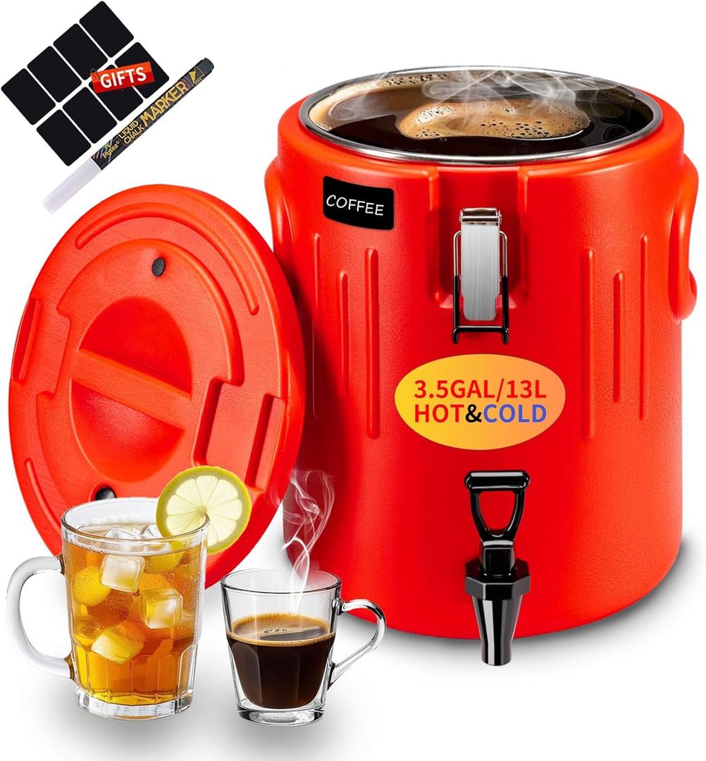 Hot Drink Dispenser 3.5 Gallon - Insulated Beverage Dispenser with Leakproof Spigot 304 Stainless Steel Interior Hot Water Dispenser - Portable Cold Water Jug for Outdoor Camping and Party (Red)