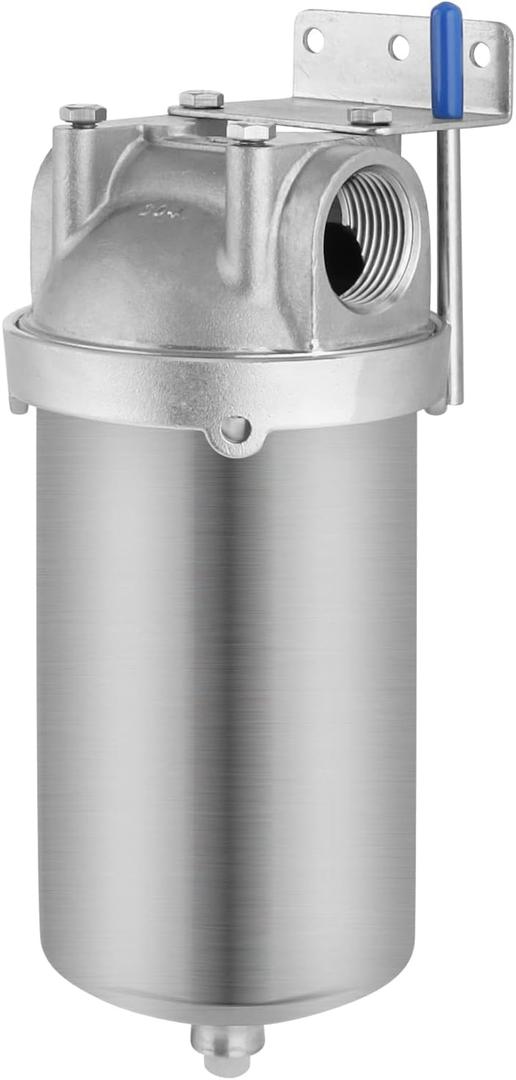 Amwater NSF/ANSI 42 Stainless Steel Whole House Water Filter Housing, 5" x 2.5" Sediment Water Filter System for Heavy Duty, Well & City Water, 1" NPT Port, Drain Valve Style C