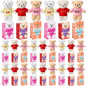 Jenaai 48 Pcs 24 Set Valentine's Day Mini Teddy Bear Bulk 4.7 Inch Cute Stuffed Animals Bear Keychains with Boxes for Kids Valentine's Classroom Gift Exchange Party Favors, 3 Colors