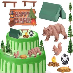 13 Pcs One Happy Camper Cake Topper Happy Camper Cake Decorations Forest Birthday Party Decorations Fireside Woodland Camping Topper for Camping 1st Birthday Party Photo Prop