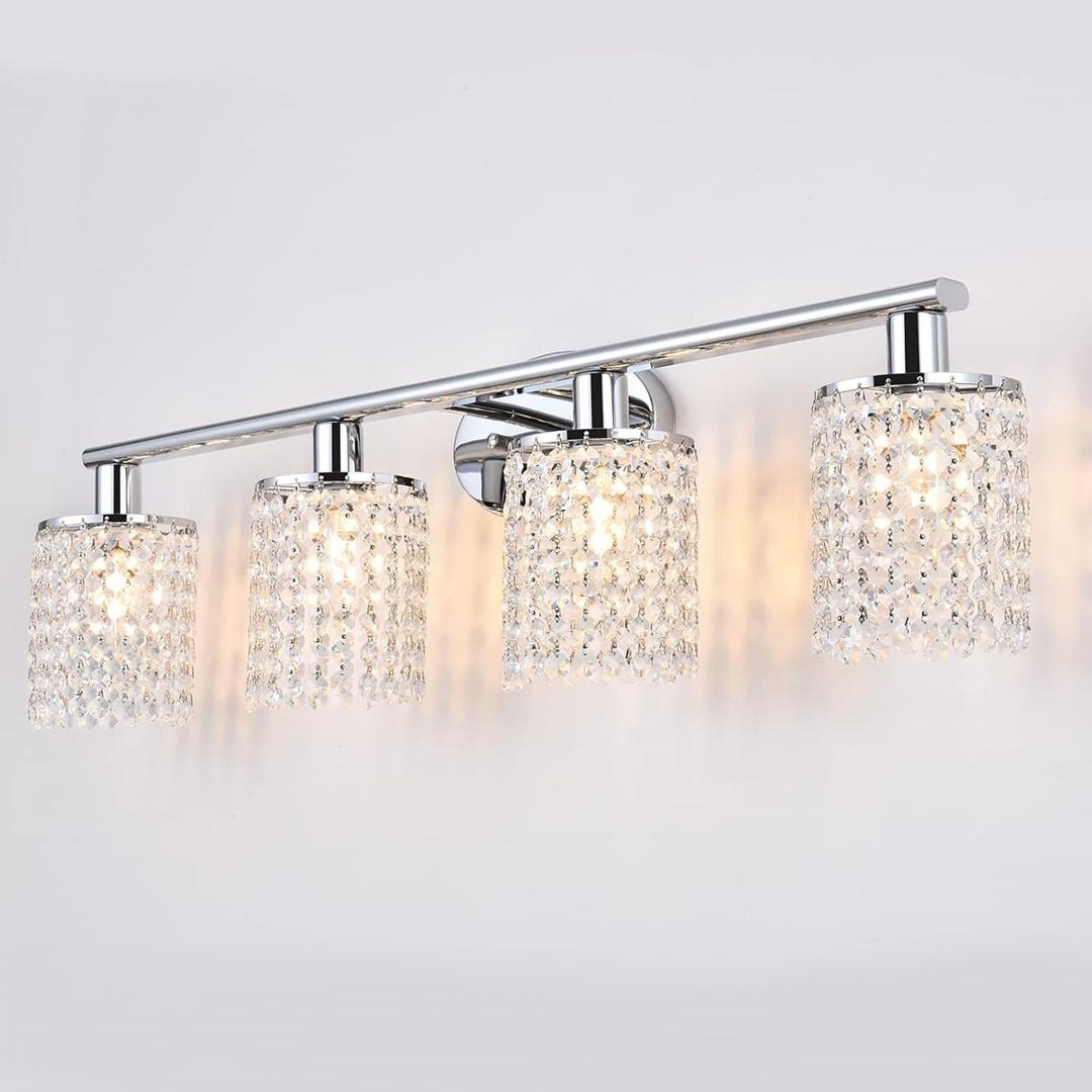 Crystal Bathroom Vanity Lights Over Mirror Chrome Vintage Wall Light Fixture 4-Lights Wall Sconce with K9 Crystal Shade Modern Kitchen Wall Lamp for Living Room Closet Hallway Apartment