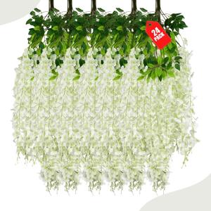 24 Pack Green White Wisteria Hanging Flowers, 3.4 Ft Fake Hanging Flowers, Artificial Wisteria Garland Vines for Wedding Room Backdrop Outdoor Patio Garden Decoration