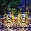 2 Pack Outdoor Solar Hanging Lantern Lights Metal LED Decorative Lamp for Garden Patio Courtyard Lawn and Table with Hollowed-Out Design (Antique Bronze)