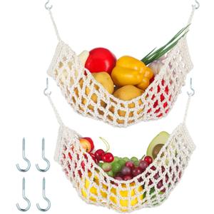 2 Pcs 11.8 x 20 Inch Large Macrame Fruit Hammock Under Cabinet Veggie Banana Hammock Hanging Fruit Basket Saves Counter Space for Kitchen Hand-woven Lace Hanging Basket for Kitchen(Rustic Style)