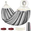 MOSFiATA Hammocks Portable Camping Hammock Upgraded 550lb Comfortable Fabric Hammock with Two Anti Roll Balance Beam and Sturdy Tree Straps for Camping, Patio, Backyard, Outdoor Gray White (Grey)