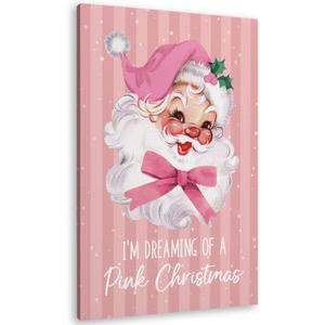 TLESKE Pink Winter Christmas Santa Claus Coquette Bow Wall Art Decor, I'm Dreaming of a Pink Christmas Canvas Wall Art Print for Teen Girls Dorm Room Bedroom, Winter Wall Artwork Picture, 16x24