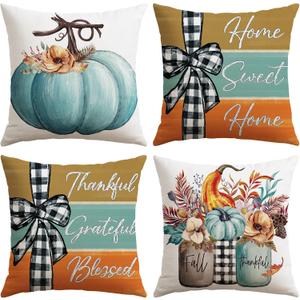 Artscope Fall Decorative Throw Pillow Covers 16x16 Inch Set of 4 Fall Gifts for Home Decor, Autumn Pumpkin Sweet Home Thankful Grateful Blessed Outdoor Farmhouse Pillow Cases for Sofa Couch-Blue