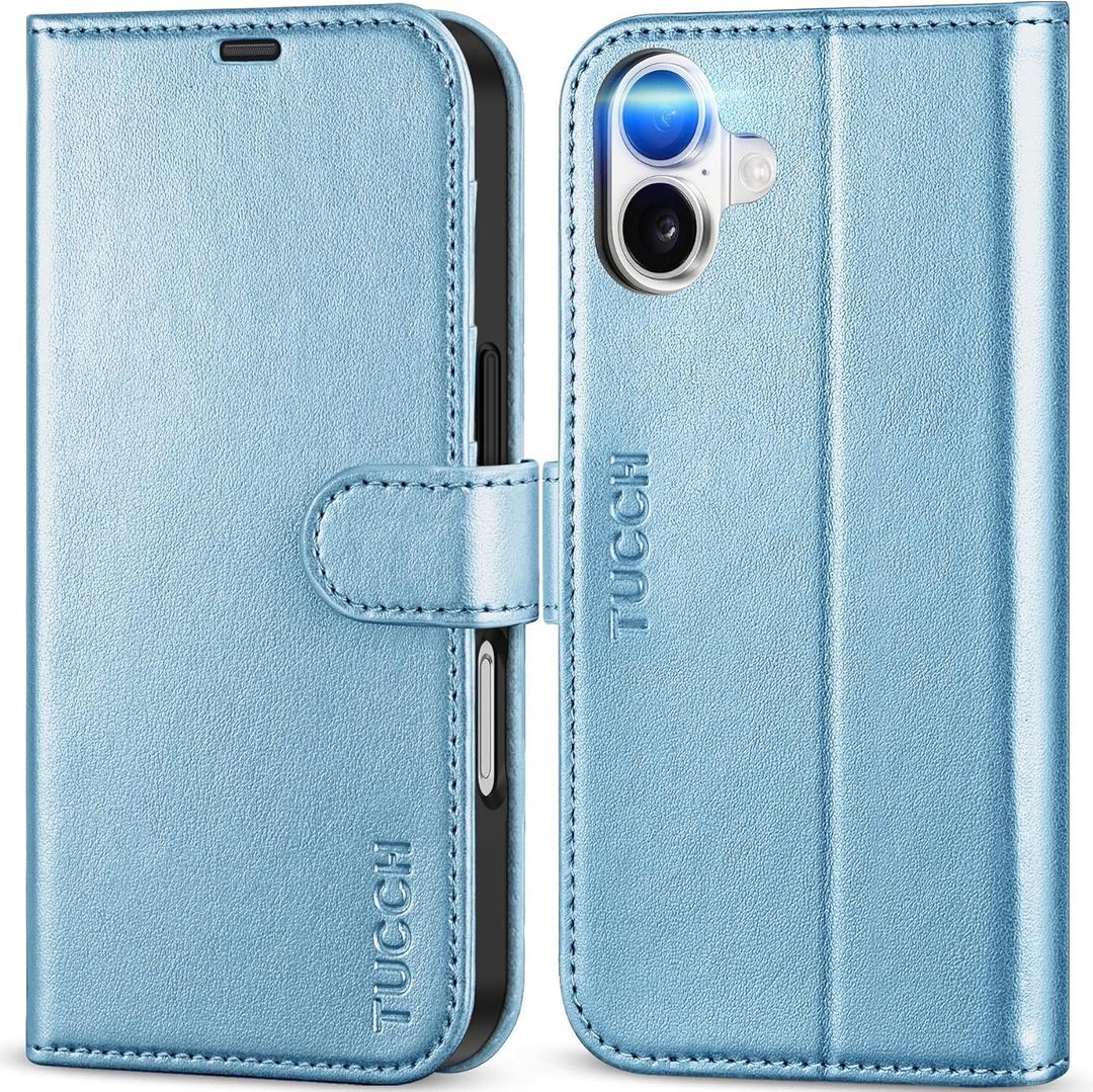 TUCCH Case Wallet for iPhone 16 5G, [RFID Blocking] 4 Card Holder Stand [Shockproof TPU Interior Case] PU Leather Magnetic Protective Flip Cover Compatible with iPhone 16, Shiny Light Blue