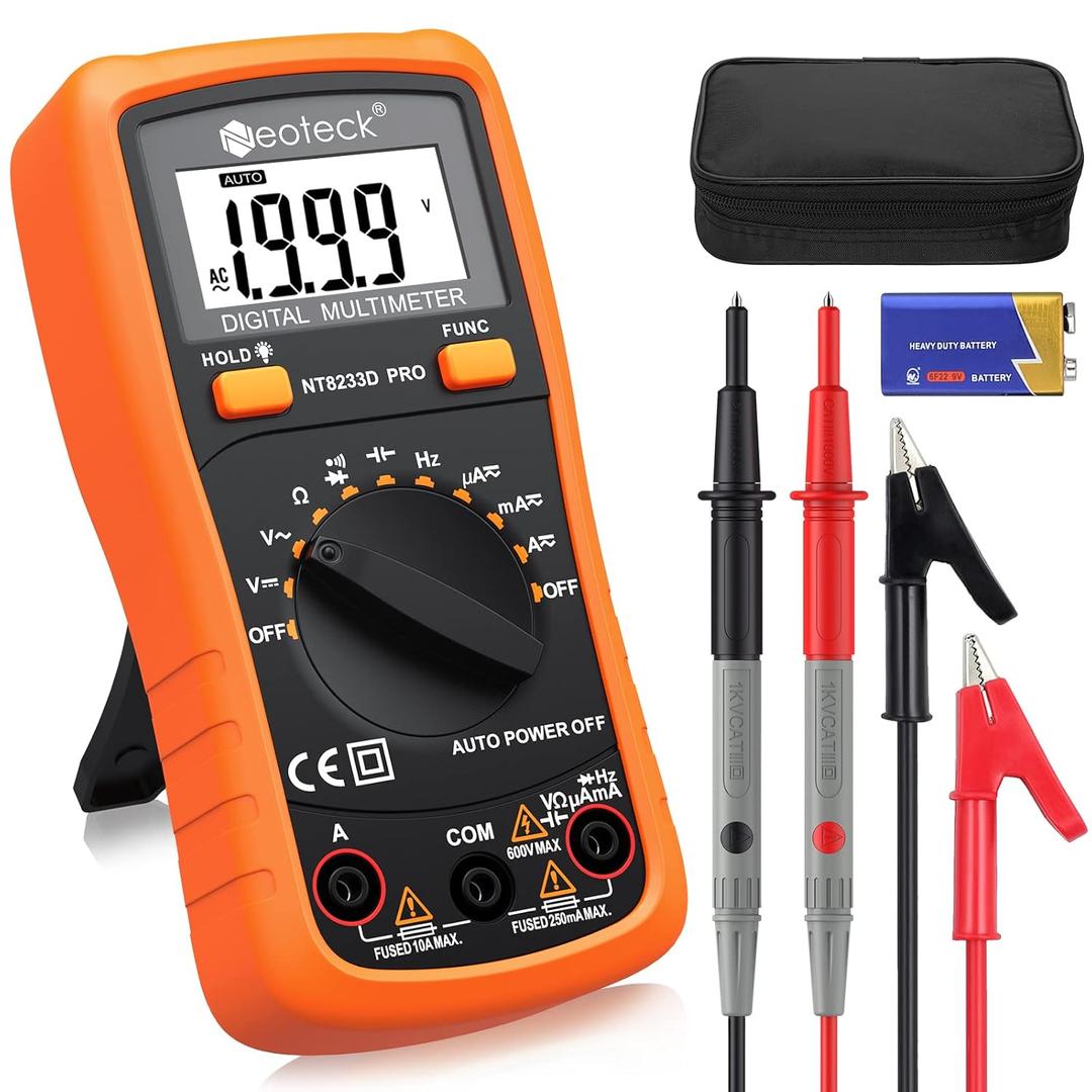 Neoteck Auto Ranging Digital Multimeter AC/DC Voltage Current Ohm Capacitance Frequency Diode Transistor Audible Continuity, Multi Tester with Backlit LCD (Orange)