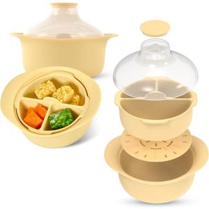 48oz Platinum Silicone 3 Compartmented Microwave Steamer Pot with Handle & Lid - Korean 100% Food-Grade Steamer Bowl, Heat-Resistant Cooker with Steam Holes, Easy Clean, Dishwasher Safe, Yellow