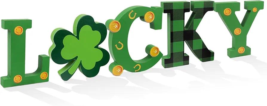 Fangoo Lucky Charm Sign St Patricks Day Tabletop Centerpiece Decorations St Patrick’s Wooden Mantel Decor Irish Shamrock Freestanding for Fireplace Home Tiered Tray Office Party Supplies