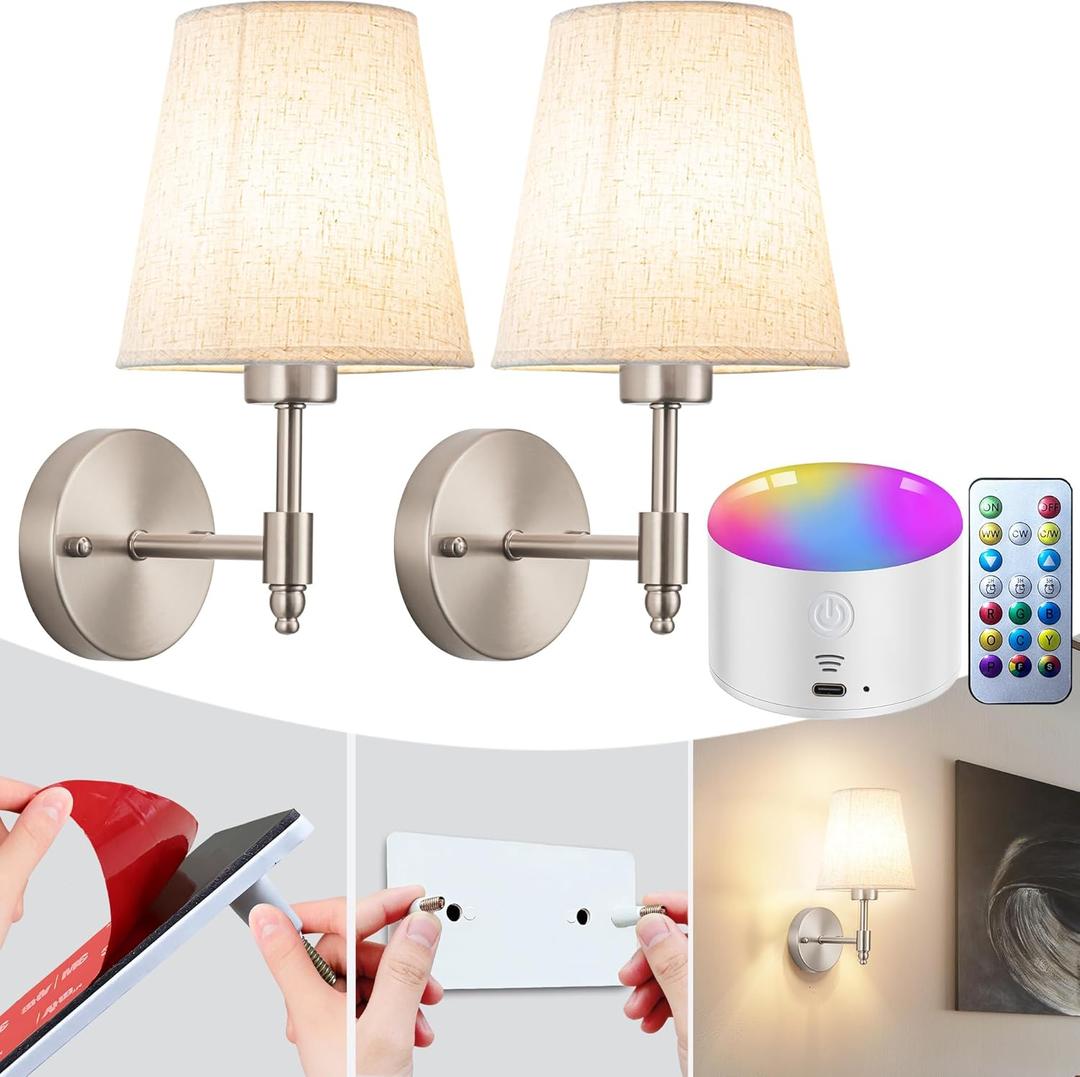 YHCDLAMP Peel and Stick Wall Sconces, No Drilling Stick On Wall Sconce, Wireless Battery Operated Wall Lights, Adhesive Wall Lamp with 10000mAh Battery Bulb for Bedroom Living Room Decor