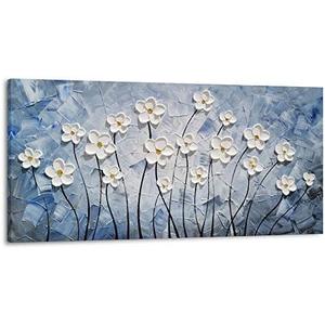Amazon.com: YHSKY ARTS 3D Hand - Painted White Floral Wall Art with Printed Blue Background, Textured Flower Decor for Home: Paintings