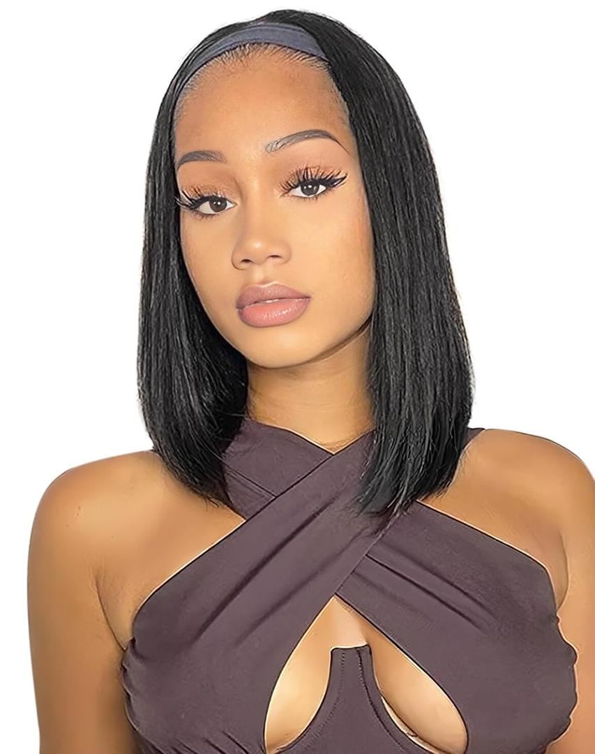 QUEENTAS 14 Inch Straight Headband Wig for Black Women, Glueless Wear and Go Synthetic Bob Wig for Daily Use Dating, Heat Resistant Soft Shoulder Length, 1B Natural Black Hair