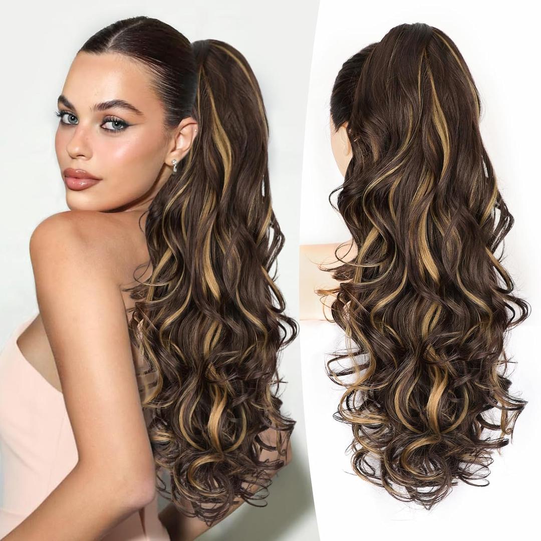 ALXNAN Ponytail Extension,24 Inch Claw Clip in Long Curly Wavy Dark Brown with Golden Blonde Ponytail Hair Extension Jaw Clip on Pony Tails Hairpiece for Women