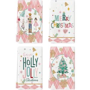 Artoid Mode Pink Nutcrackers Tree Holly Jolly Merry Christmas Kitchen Towels Dish Towels, 18x26 Inch Seasonal Winter Xmas Decoration Hand Towels Set of 4