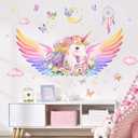Unicorn Wall Decals for Girls Room - Fantastic Unicorn Wing Flower Vinyl Wall Stickers for Kids Baby Nursery Girls Bedroom Decor