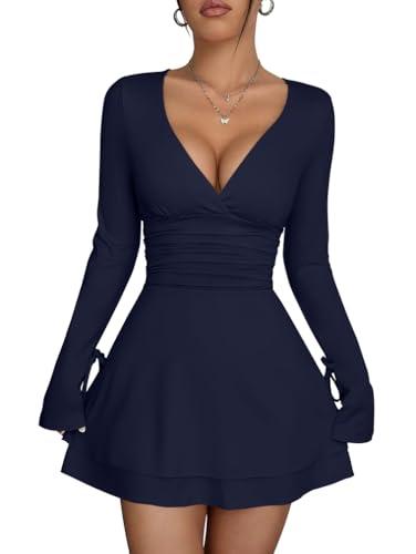 XXTAXN Women's Sexy Wrap V Neck Long Sleeve Flowy Hem A Line Ruched Waist Corest Mini Dress Navy XL