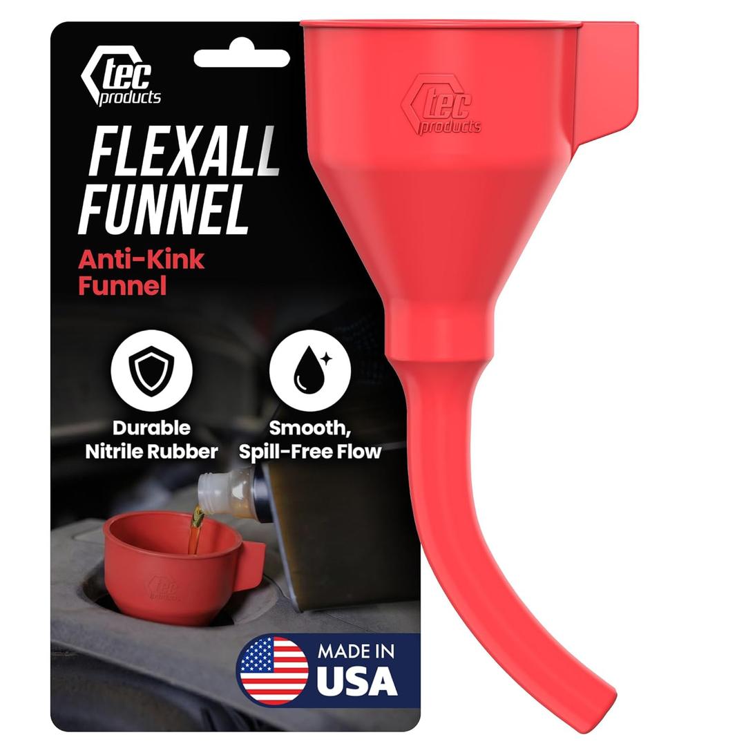 TEC Products FlexAll Anti-Kink Funnel - Long Flexible Funnel with Hose for Automotive Use - Durable Nitrile Rubber - Car Oil Change, Transmission Fluid, Diesel, Gas - Made in USA (9 x 3.95 Inches)