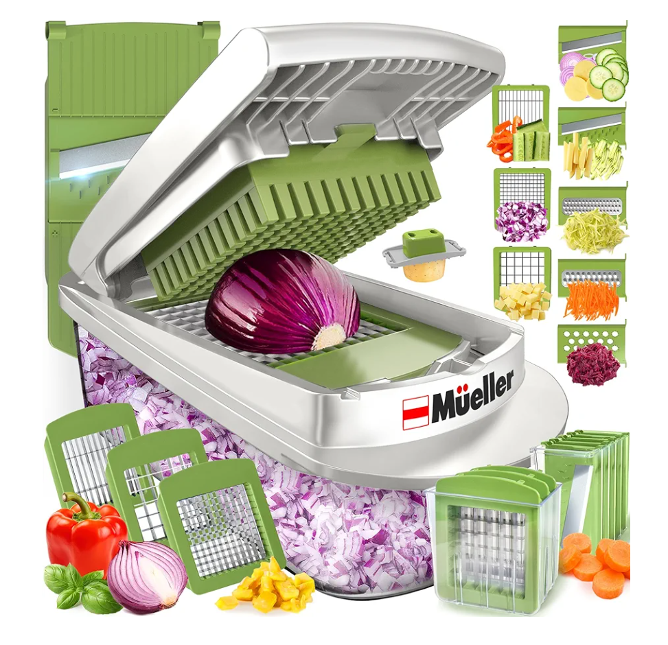 Mueller Pro-Series 10-in-1, 8 Blade Vegetable Chopper, Onion Mincer, Cutter, Dicer, Egg Slicer with Container, French Fry Cutter Potato Slicer, Home Essentials, Salad Chopper White Sand/Green