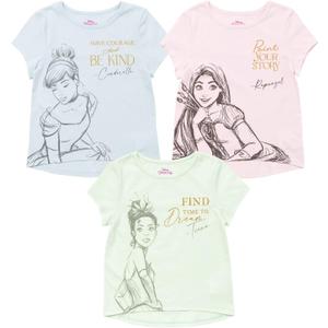 Disney Princess Ariel Cinderella Tiana Moana Jasmine Belle Girls 3 Pack T-Shirts Toddler to Big Kid (4, Blue / Green / Pink)