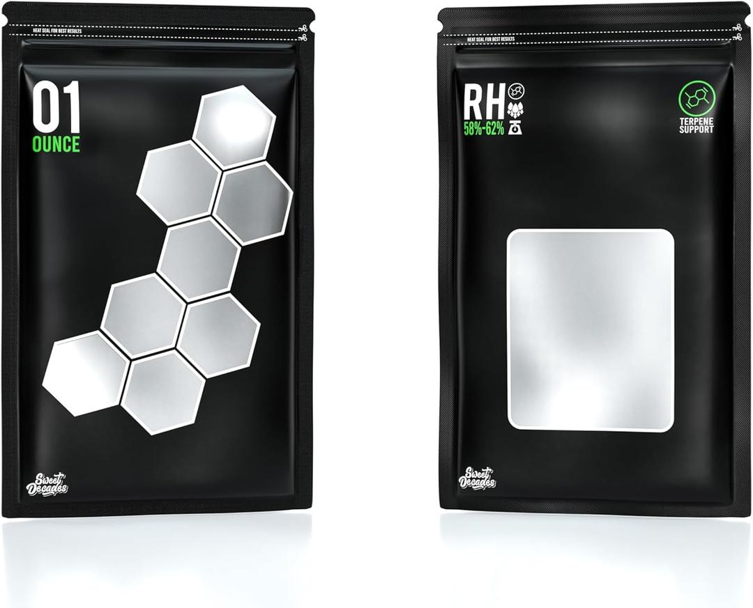 Sweet Decades Offical 1 Ounce Bags - 50 Pack Terpene Curing 58%-62% RH Humidity 2-Way Control Lock & Seal Storage & Curing Bags Heat Sealable 6" x 9.8" x 3.15" Inch (1oz, 28g)