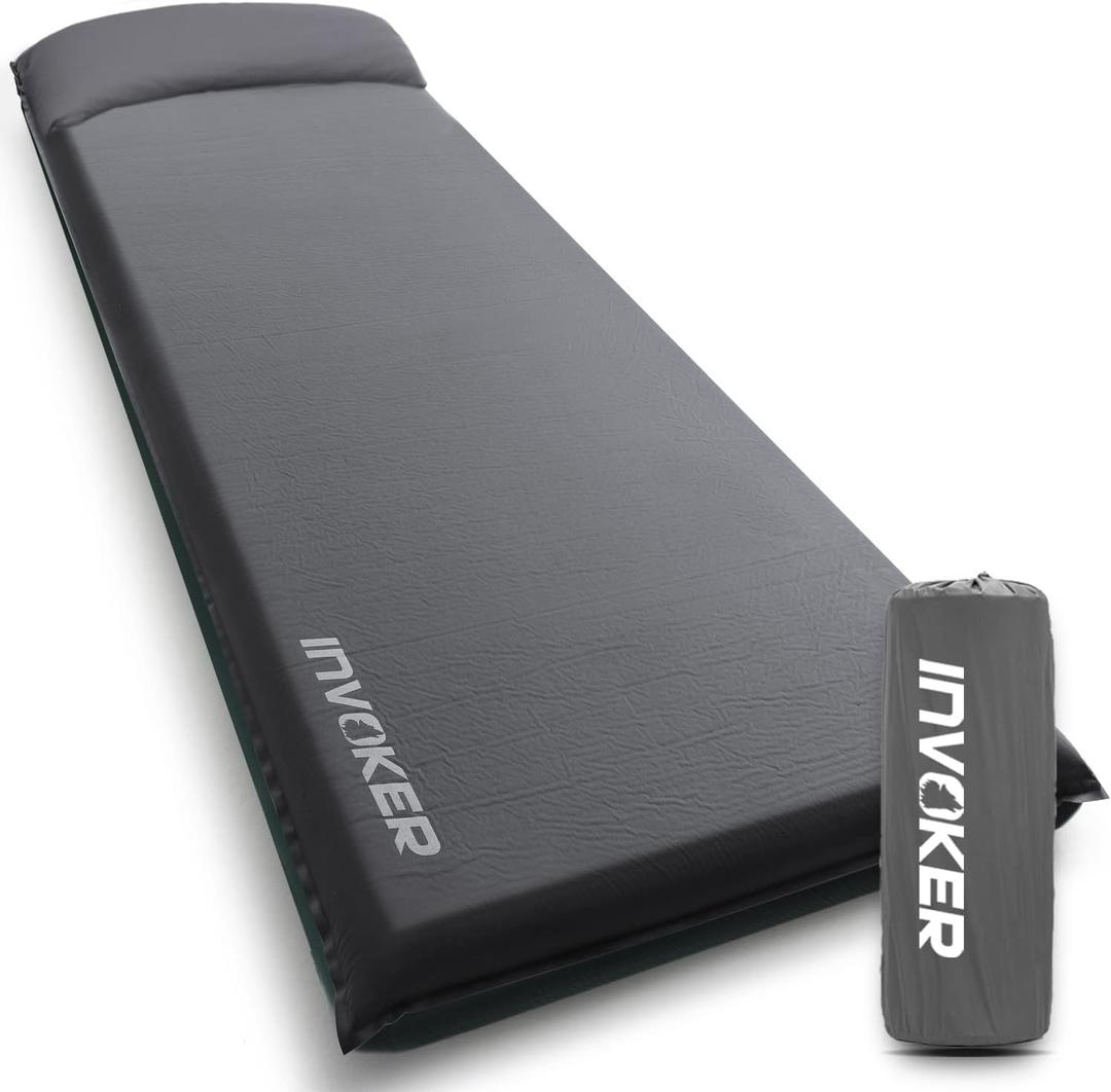 INVOKER Camping Sleeping Pad 2.75 Memory Foam Fast Self Inflating Insulated Durable Camping Mat Air Mattress with Pillowfor Tent, Traveling, Car, Camping, Grey