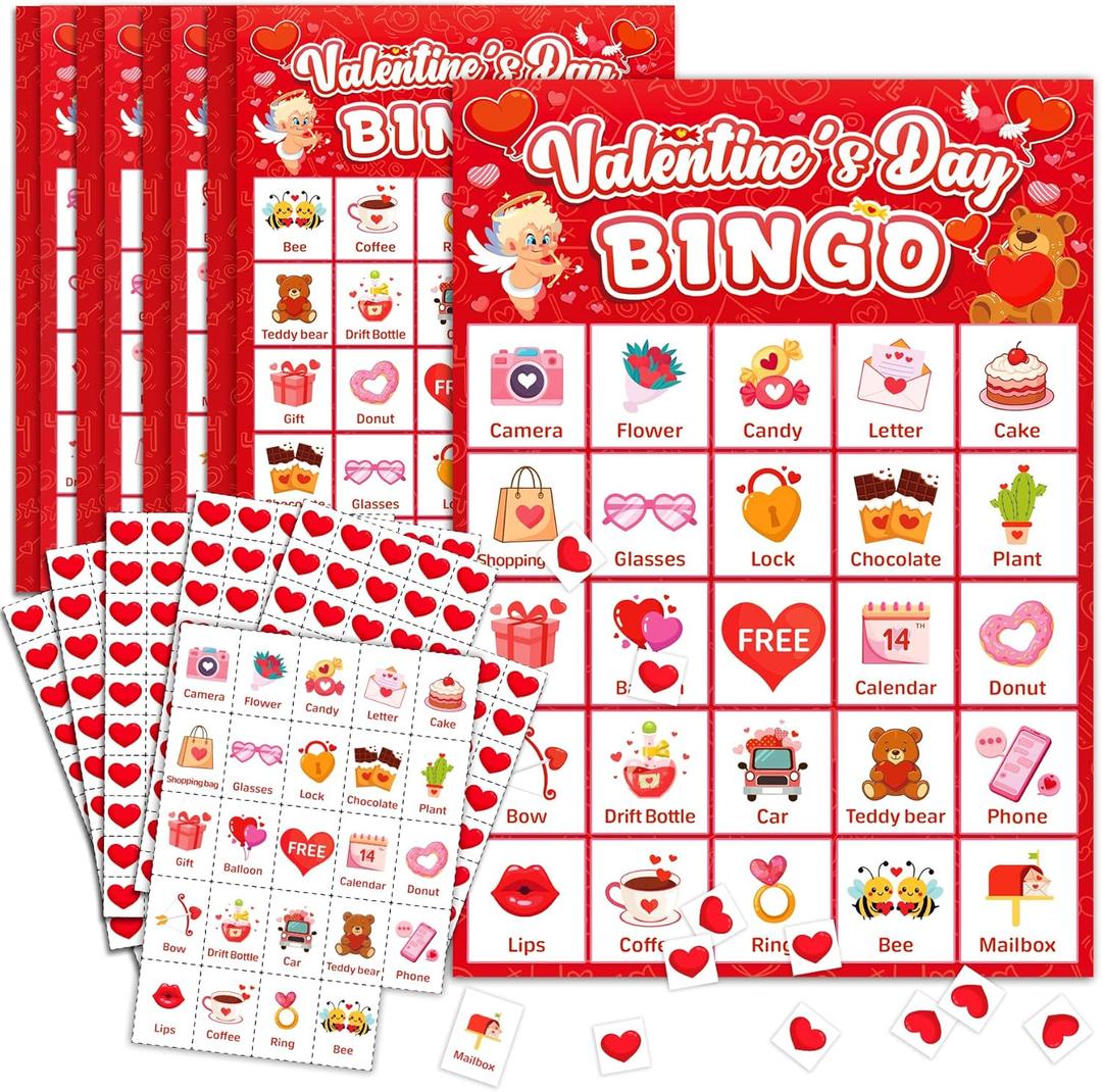 Valentine's Day Bingo Game Set - 24 Bingo Cards for Family Party, Valentine Party Games, Valentine Crafts Party Favor Activities,Holiday Party Craft Supplies