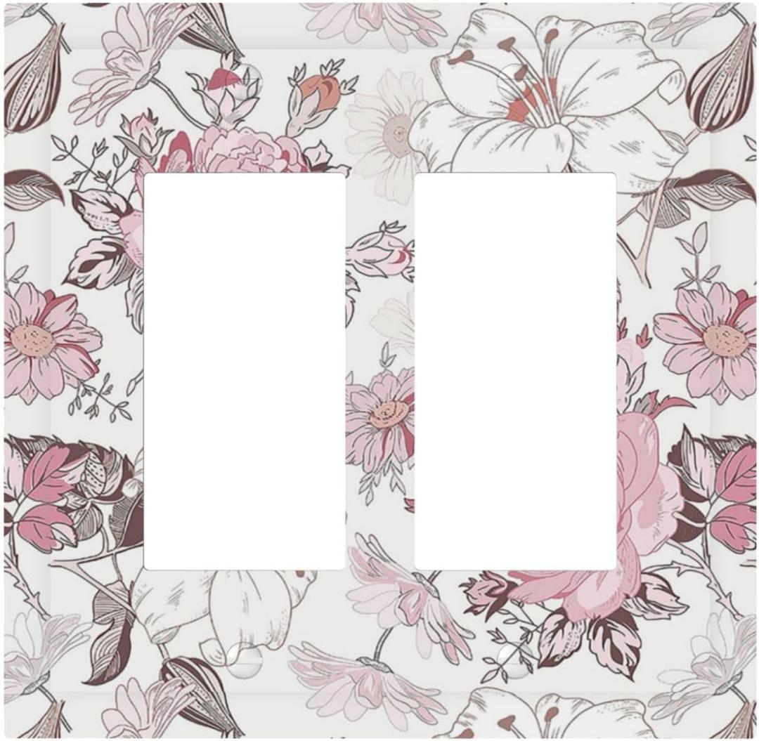 Decorative Outlet Covers Modern Watercolor Flower Pink White Wildflower 2 Gang Double GFCI Rocker Electrical Wall Panels Light Switch Cover Plate for Bedroom Home Decor (Double Rocker / 4.9 X 5 IN)