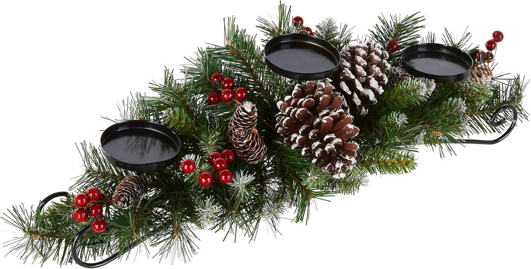 National Tree Company Artificial Christmas Centerpiece | Includes 3 Candle Holders, Red Berries, Pine Cones and Steal Base | Frosted Berry - 30 Inch