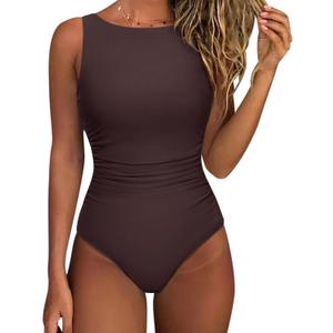 SUUKSESS Women One Piece Ruched Swimsuit Tummy Control Backless Bathing Suit (Brown, XL)