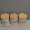 Reallnaive Coffee Tea Sugar Container Set with Tray, Set of 3 Airtight Metal Canister with Bamboo Lids, Farmhouse Kitchen Counter Organizer for Coffee Bar and Drink Station (White)