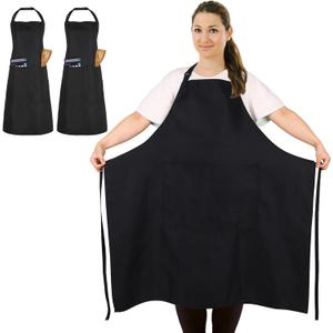 2 Pcs Plus Size Chef Apron, Unisex Professional Apron with 2 Pockets for Cooking, Work, Baking (Larger Size) (Black)
