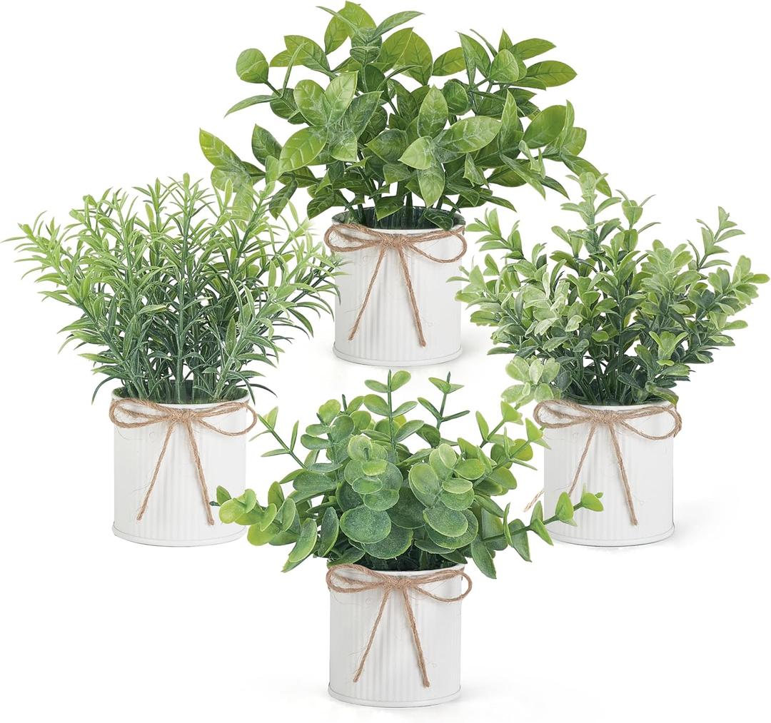 Mkono 4 Packs Small Fake Plants in Farmhouse Galvanized Pots Table Centerpiece Mini Potted Artificial Plants Faux Eucalyptus for Shelf Office Rustic Home Decor (White, Mini-6" H)