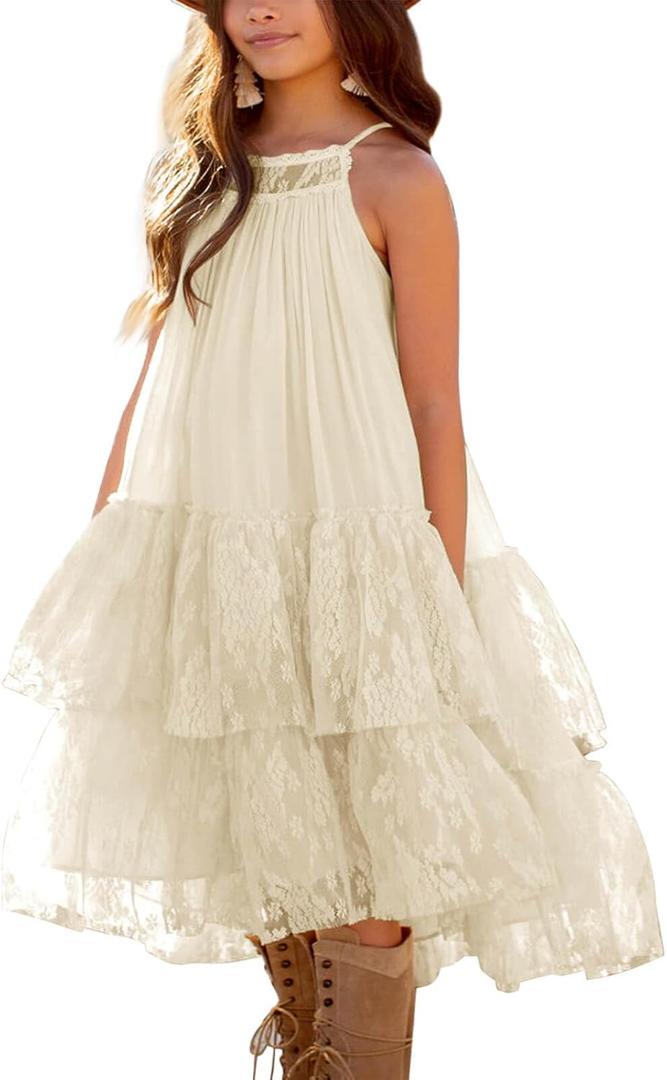 Batermoon Girls Lace Backless Tulle Dress Halter Neck Boho Flower Girl Sleeveless Ruffle Swing Party Dress, Apricot, 10-12 Years