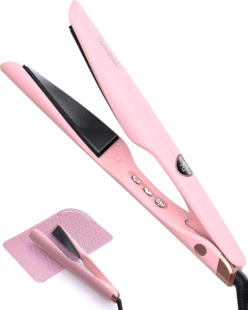 LANDOT Flat Iron Hair Straightener and Curler 2-in-1, Twist Ceramic Straightening Curling Iron for Smooth Straight & Bouncy Curls, Dual Voltage, Temp 250-450F All Hair Types, Blush Pink, 1 inch