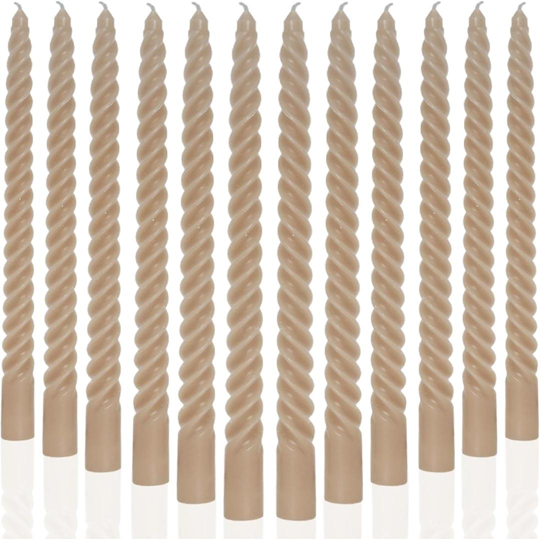Mocha Beige Taper Candles Stick Brown Spiral Taper Candles-Set of 12 for Fall Decoration Weddings Party Church-Unscented Candles,10inch(F-Mocha Beige)