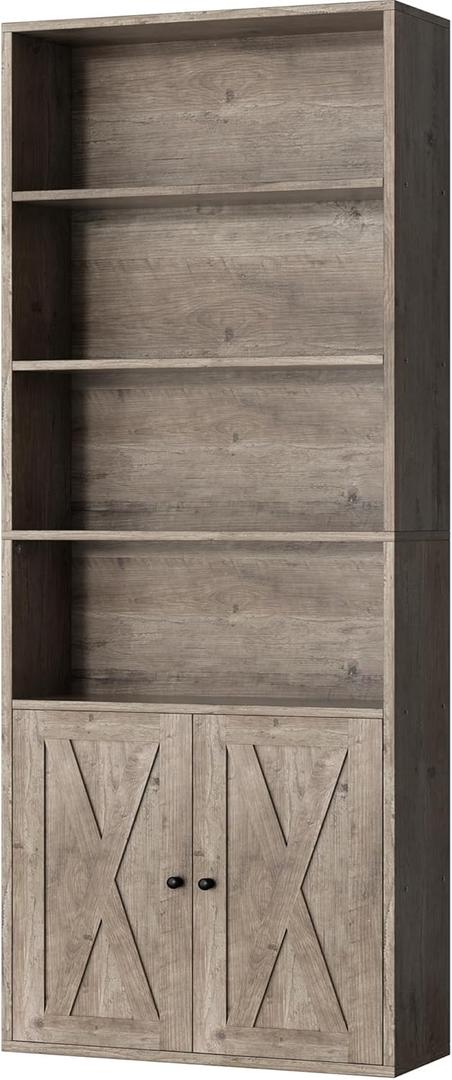 Shintenchi Bookshelf, Industrial Bookshelves and Bookcases with Doors Floor Standing 6 Shelf Display Storage Shelves 70.6 inches Tall Bookcase for Home Office, Living Room (Grey)
