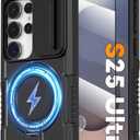 Magnetic Case for Samsung Galaxy S25 Ultra 5G with Ring Stand [Compatible with MagSafe Wireless Charging] [Screen Protector] Military Grade Heavy Duty Shockproof Case with Slide Camera Cover, Black