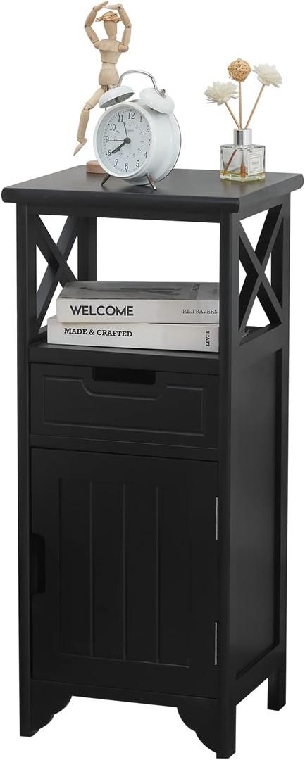Assembled 30in Height Nightstand, Pre- Assembled Bathroom Floor Cabinet with Shelf and Storage Drawer, Black Tall End Table No Assembly Chest for Living Room Bedroom
