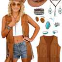 Cowgirl Outfits for Women Western Outfit Fringe Vest Cowboy Chic Cowboy Hat for Halloween Country 70s Hippie Cosplay (X-Large, Brown)