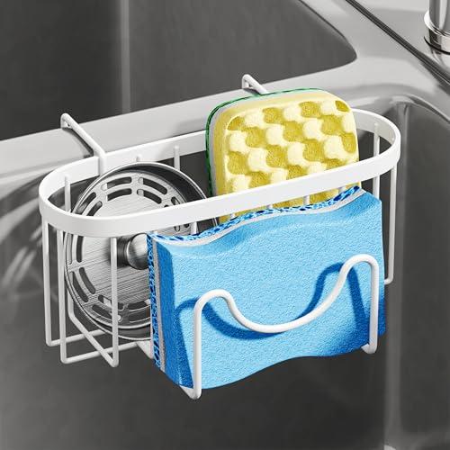 SWTYMIKI Sponge Holder for Kitchen Sink - Movable Kitchen Sink Caddy with M Shape Hook, Stainless Steel Hanging Sponge Caddy for Dish Sponge, Brush, Stopper Organizer in Double Bowl Sink, White