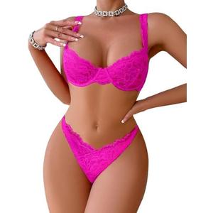 Lilosy Sexy Floral Lace Scallop Underwire Push Up Sheer Lingerie Set Outfits M