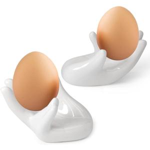 2 Pcs Creative Ceramic Egg Stands, Porcelain Egg Holders Hand Shaped Egg Cups Holder for Hard Boiled Eggs in Living Room, Restaurant and Dining Table for Breakfast, Display